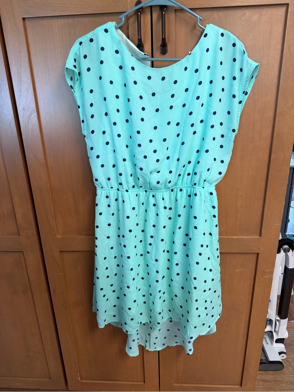 Charming Charlie Aqua Dress with Navy Polka Dots